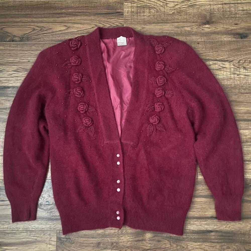 Vintage Burgundy Wool Cardigan Button Up Embroidered Floral‎ Beading Old Money